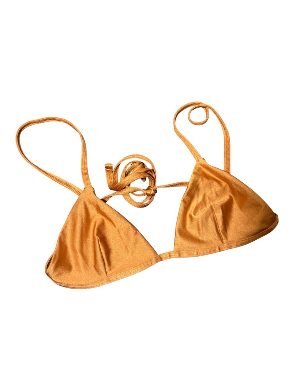 LOS ANGELES APPAREL SWIM Strappy Satin Triangle Bikini Top in Copper